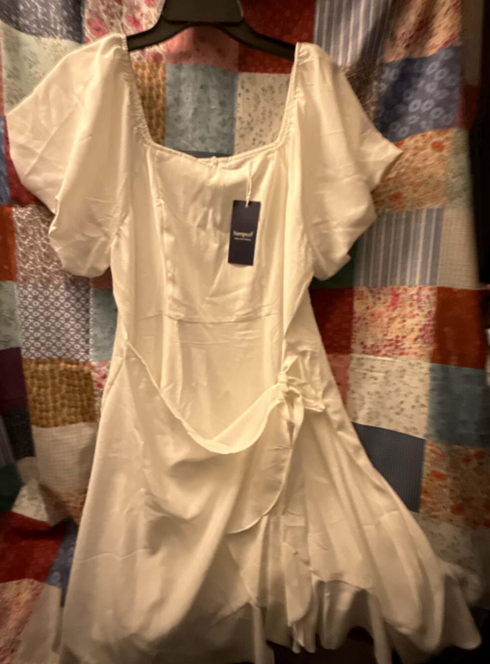 Sampeel White Square Neck Short Puff Sleeve Ruffle Hem Wrap Mini Dress XL
